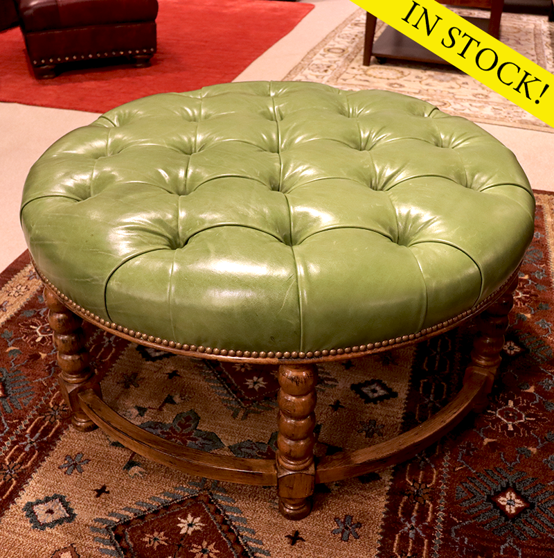 American Classics Leather Green Tufted Round Ottoman In Stock