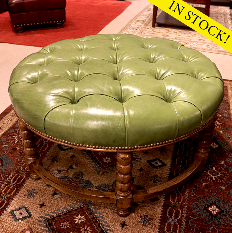 American Classics Leather - Green Tufted Round Ottoman - In Stock